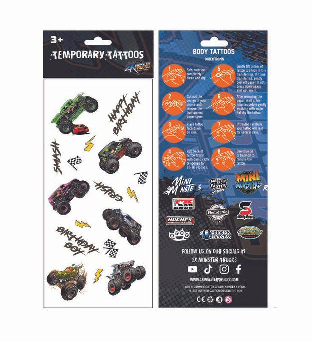 2X Monster Trucks birthday boy temporary tattoo