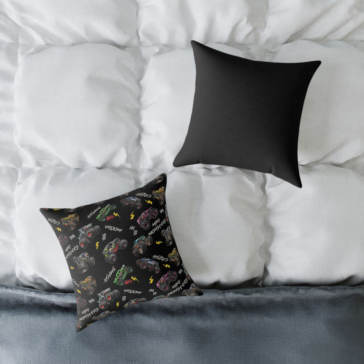2X Monster Trucks patterned pillow on couch